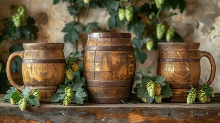 Rustic wooden beer mugs and a jug surrounded by hop cones on a wooden table

