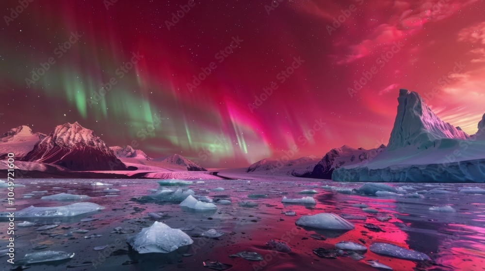 Poster a captivating view of a remote glacier bay with massive, shimmering icebergs and a rare, deep red au