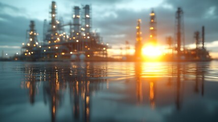 Fototapeta premium Picturesque Oil Refinery Sunset with Stunning Reflections at Dusk