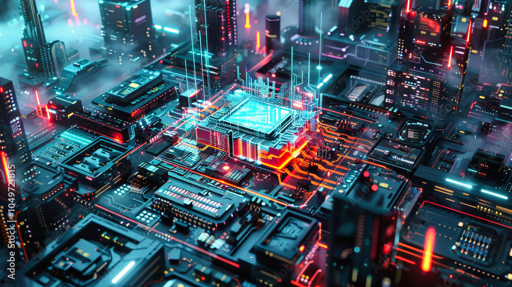 Aufkleber aerial view of a futuristic ai chip with holographic interface surrounded by glowing circuits and ad