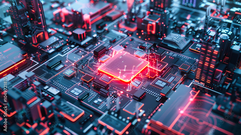 Poster a bird's eye view of a futuristic ai chip with a holographic interface set against a backdrop of int