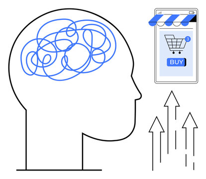 recommend clip art: Human head outline with tangled lines representing the brain next to a smartphone displaying an online shopping cart and buy button. Arrows indicate upward growth. Ideal for online shopping business
