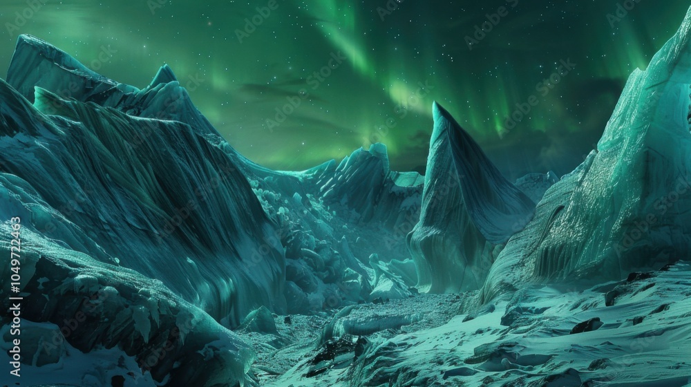 Poster a captivating view of a remote glacier canyon with massive, jagged ice formations and a rare, deep g