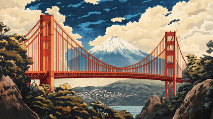 Fototapeta premium illustration of Golden Gate Bridge with view on Mount Fuji landscape