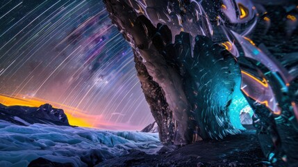 Fototapeta premium A captivating view of a remote glacier cave with shimmering, multi-hued ice walls and a rare, bright meteor shower streaking across the star-filled sky