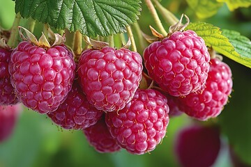 Close-up of ripe raspberries on a branch