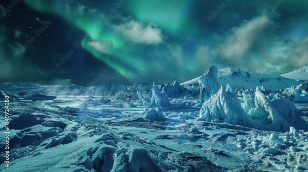 Poster a captivating view of a remote glacier field with enormous, fractured icebergs and a rare, vivid aur