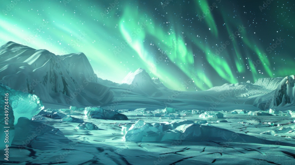 Poster a captivating view of a remote glacier field with enormous, fractured icebergs and a rare, vivid aur