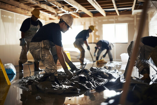 team clearing debris and damaged items from a basement, garbage bags, wet floor