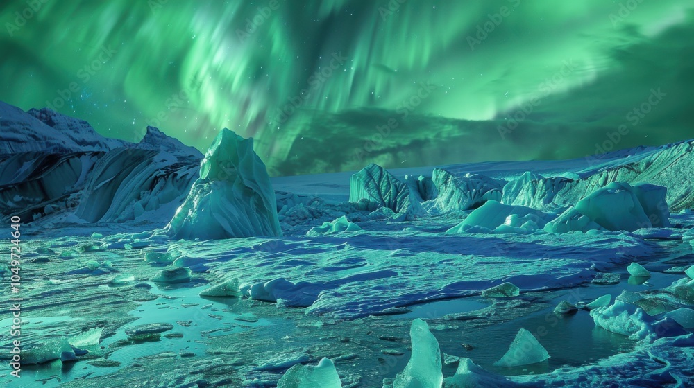 Poster a captivating view of a remote glacier field with enormous, fractured icebergs and a rare, vivid aur