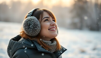Happy young woman with earmuffs enjoying snowfall, against a beautifully blurred winter background