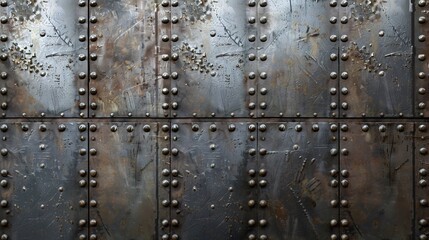 Old metal background. Industrial metal panels with rivets, seams and slightly corroded surface