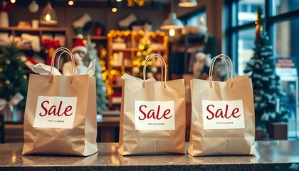 Obraz premium Shopping bags with sale signs in a festive store decorated for Christmas 