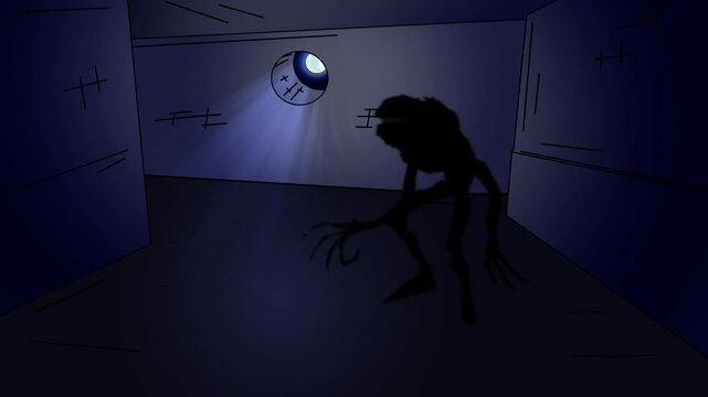 A dark, shadowy silhouette of an eldritch horror creature lurks in the sewers. 2d animation.