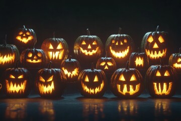 Fototapeta premium Spooky Halloween Pumpkins with Glowing Faces