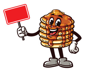 Pancake holding blank sign board, Cartoon Mascot Illustration Character Vector Clip-art Hand-drawn Logo Design