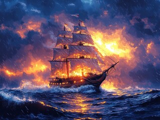 Obraz premium Pixel art pirate ship navigating turbulent waters, fierce waves crashing, dark clouds swirling, adventurous spirit captured in vibrant colors