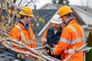 team of roofers conducting inspection after storm, fallen branches on roof, visible damage