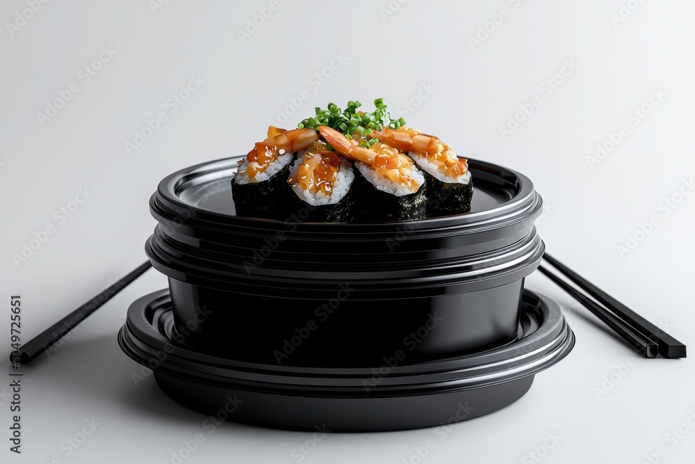 Poster a minimalist stack of takeaway containers with a sleek, modern design, placed on a clean white backg