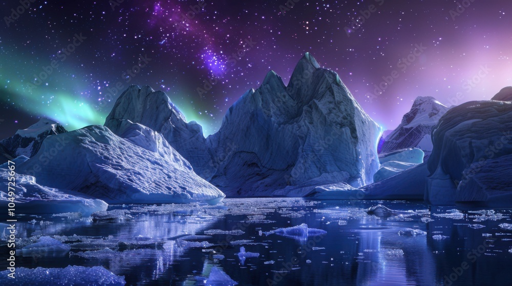Poster a captivating view of a remote glacier field with enormous, fractured icebergs and a rare, vivid aur