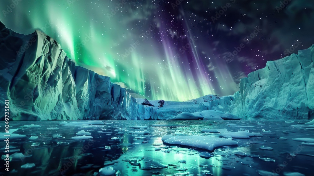 Aufkleber a captivating view of a remote glacier fjord with towering, jagged ice formations and a rare, vivid 