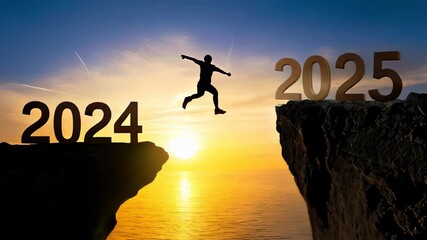 A person jumps across a gap between cliffs marked 2024 and 2025, silhouetted against a stunning sunset over the sea.