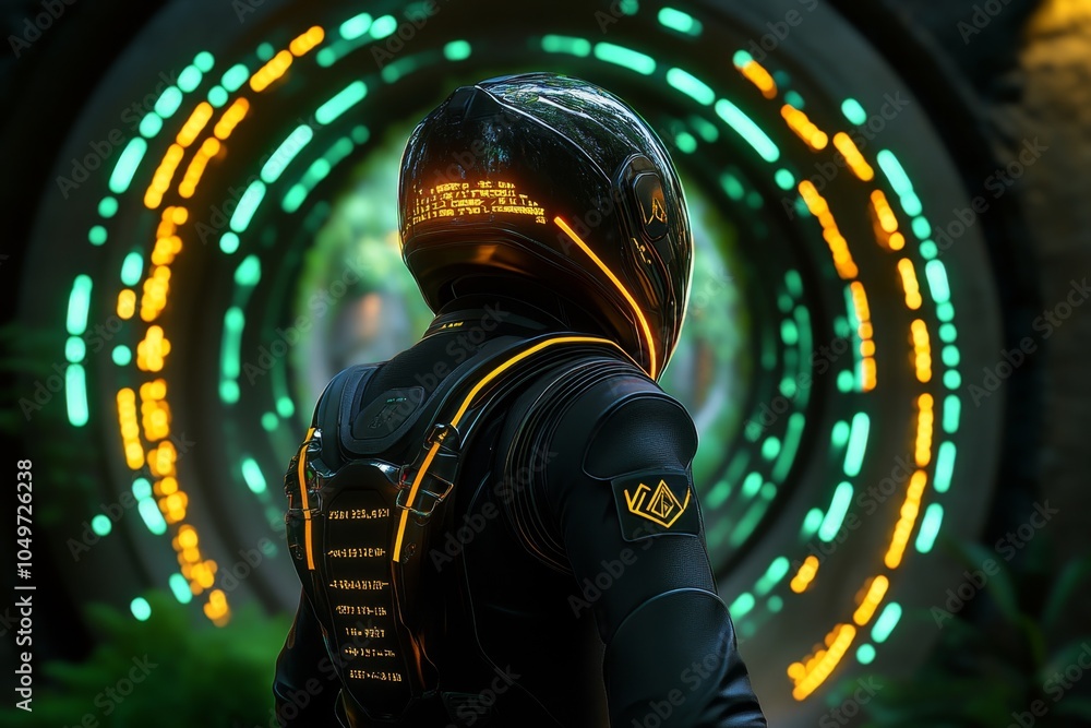 Aufkleber A person in a futuristic suit, pausing time in a bustling digital world with glowing numbers and code surrounding them