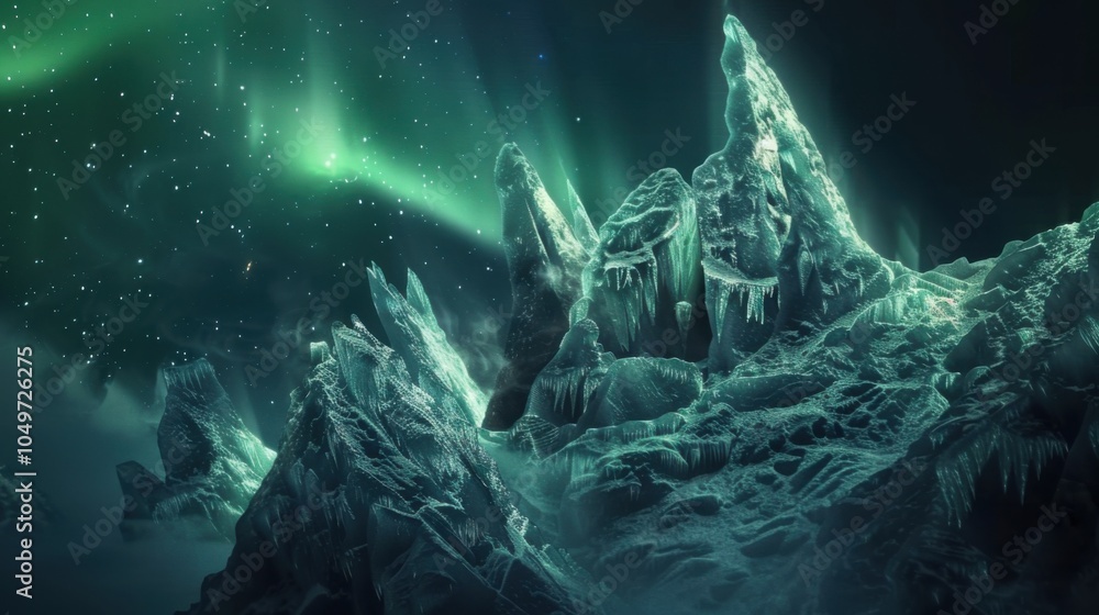Poster a captivating view of a remote glacier ridge with intricate, jagged ice formations and a rare, brigh