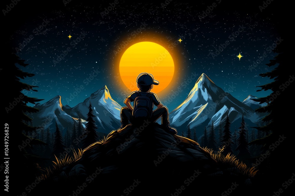Aufkleber a pixel art character sitting on a hill, taking time to watch a pixelated sunset, with trees and mou