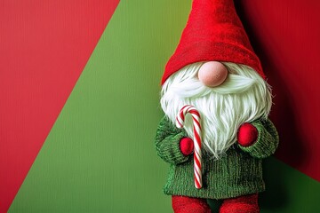 Christmas elf decoration holding candy cane, red and green.