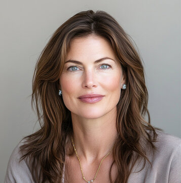 photo of a 47 year old female psychologist with brown hair neatly groomed and blue eyes, dressed professionally, utilizing jewelry tones in accessories