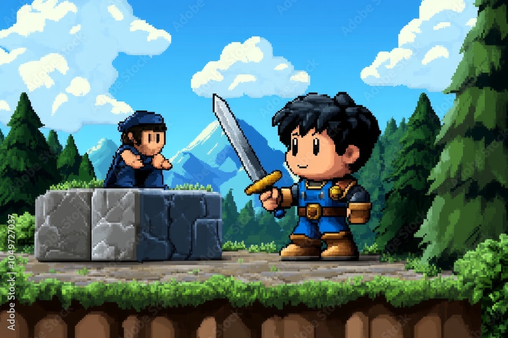 Aufkleber a pixel art character taking up sword fighting in a retro fantasy world, practicing moves with an an