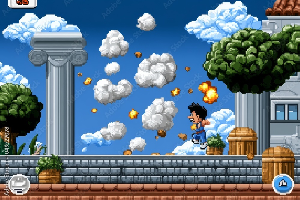 Poster a pixel art scene of a hero taking down the final boss in a retro video game, with pixelated explosi
