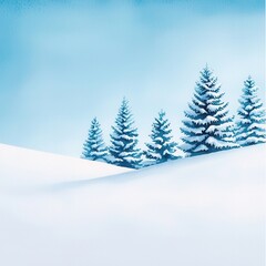 Fototapeta premium Snowy landscape with evergreen trees against a blue sky.