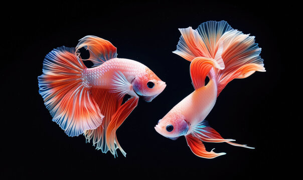recommend clip art: Beautiful movement of Fullmoon betta fish, Two Fancy Fullmoon Betta, The moving moment beautiful of Siamese Fighting fish, Betta splendens, Rhythmic of Betta fish isolated on black background