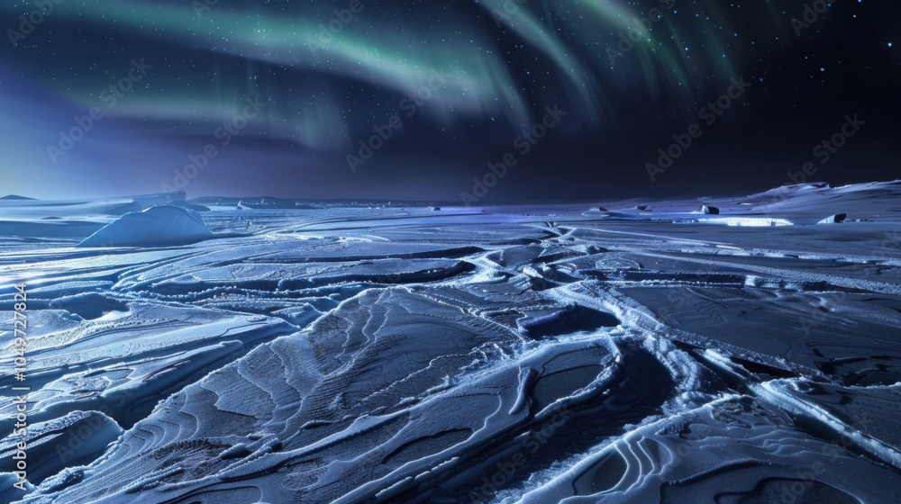 Poster A captivating view of a remote ice field with intricate, fractal-like ice patterns and a rare, deep blue aurora borealis casting a celestial glow across the frozen expanse