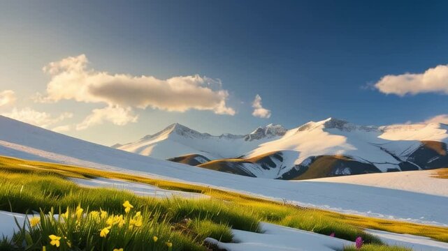 Breathtaking mountain landscape at sunset, showcasing vibrant wildflowers amidst lingering snow, evoking tranquility and natural beauty created with generative ai