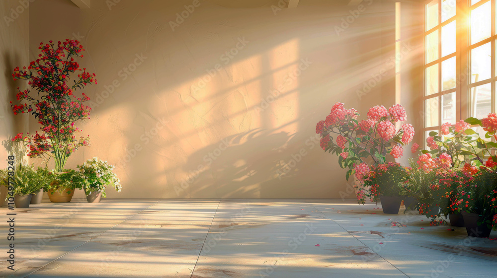 Poster a room with a large window and a wall with a few potted plants. the room is empty and the sunlight i