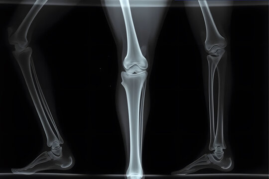 X-ray image of a human knee joint showing bones and joint structure.