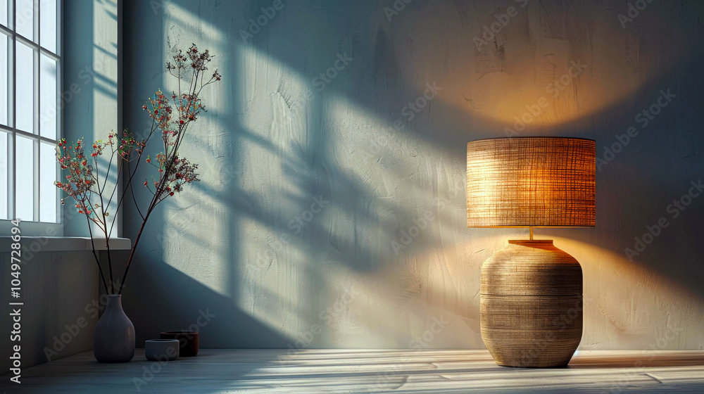 Poster a room with a large window and a wall with a few potted plants. the room is empty and the sunlight i