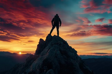 Silhouette of Hiker at Sunset on Mountain Peak