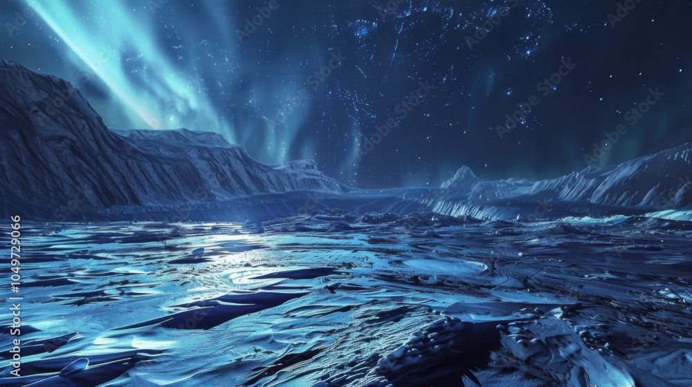 Poster A captivating view of a remote ice field with intricate, fractal-like ice patterns and a rare, deep blue aurora borealis casting a celestial glow across the frozen expanse