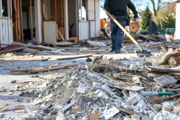 A worker uses tools to clean up debris from a devastated home after a natural disaster, highlighting the extensive damage and cleanup required.