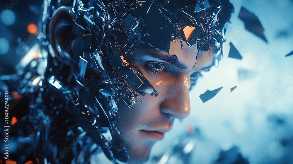 Poster futuristic robotic figure with illuminated circuits in crisp profile view