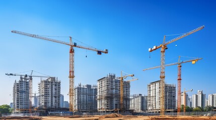 Fototapeta premium Construction site with cranes and buildings under development in a clear blue sky