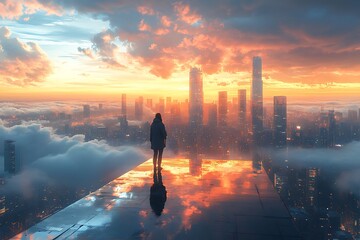 A lone figure stands overlooking a futuristic city skyline at sunset.