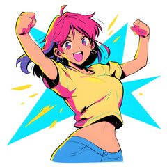 A cheerful anime-style woman with pink hair and blue eyes, wearing a yellow shirt and blue jeans, celebrates with her arms raised in the air.