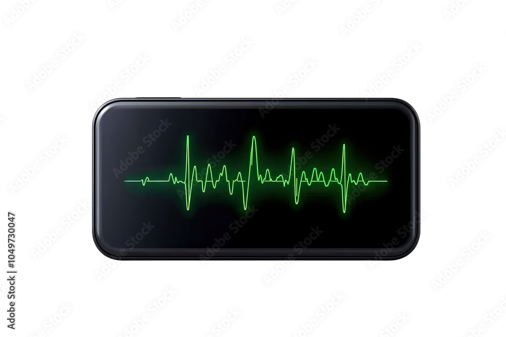Poster smartphone screen displaying a green heartbeat signal against a black background. isolated on transp