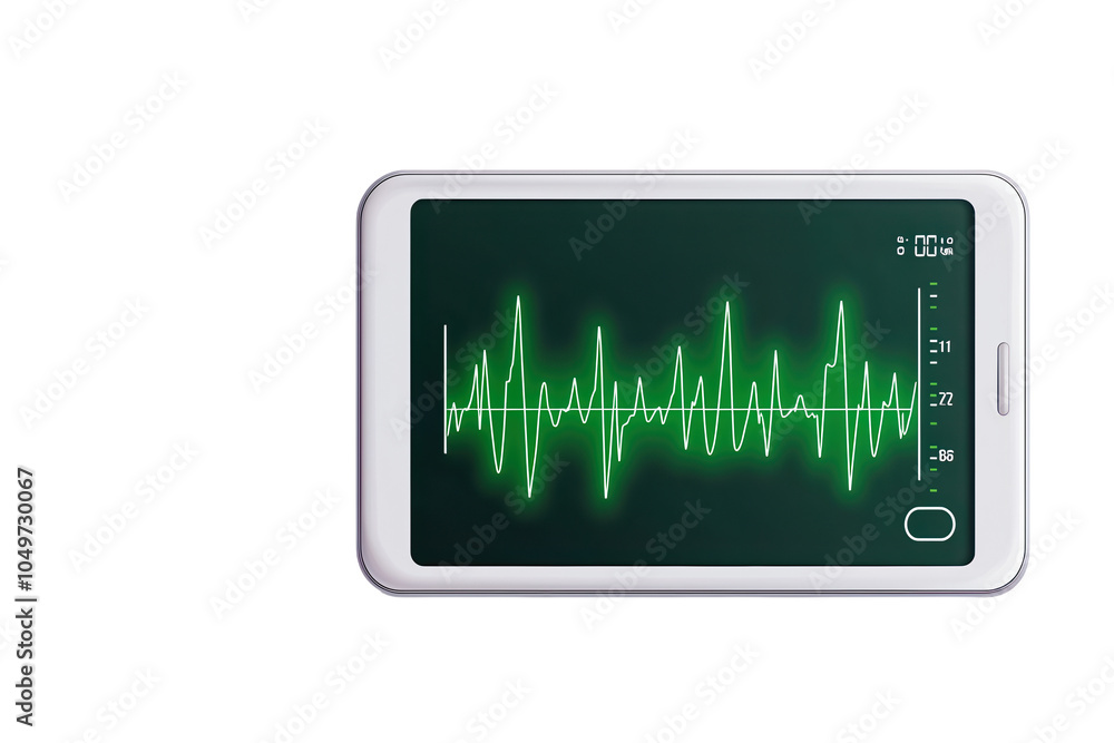 Poster smartphone displaying a heart rate monitor with green waveforms, white isolate background. isolated 