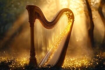 A golden harp glows in a mystical forest setting.